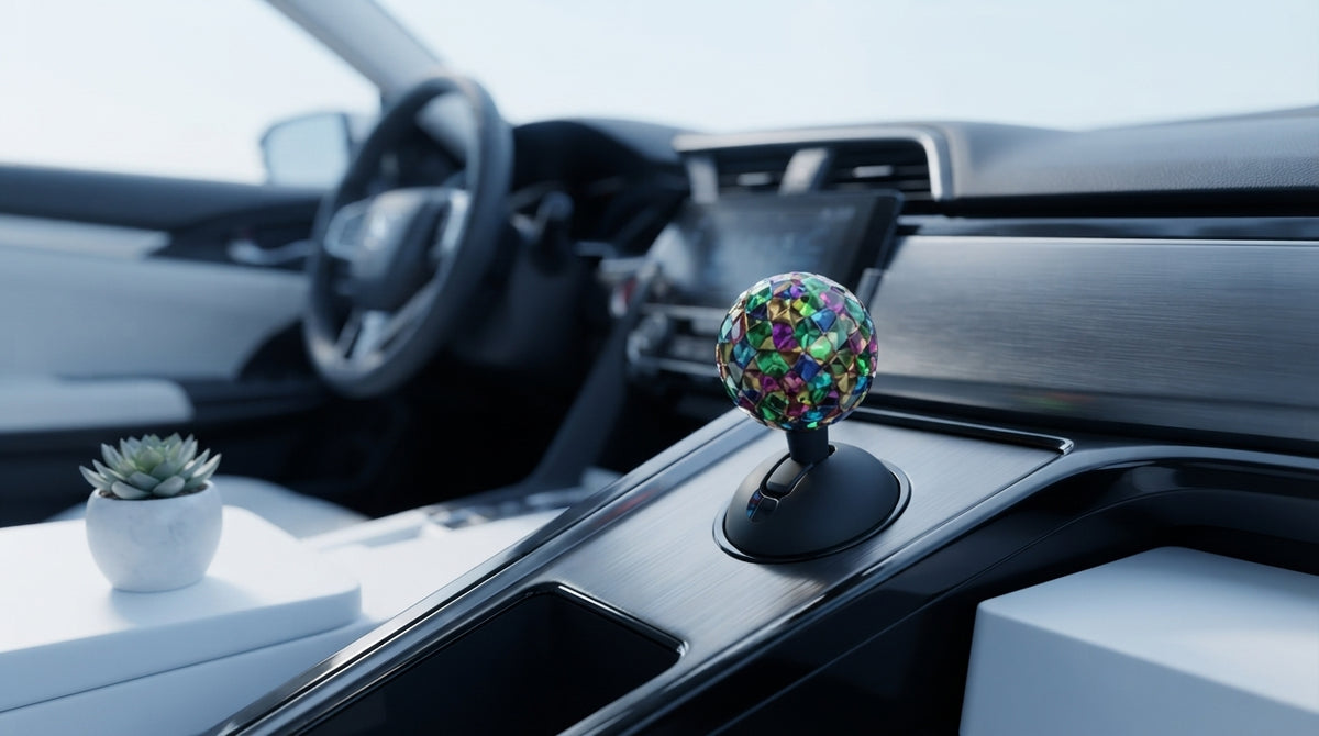 A colorful car engine start-stop button cover installed on a modern car dashboard, set in a clean, professional interior.